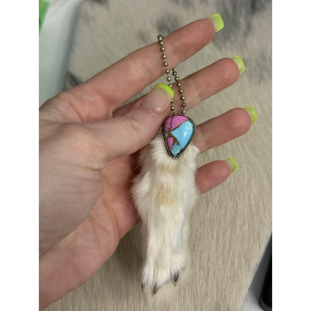 Sterling Silver Pink Blue Cotton Candy Bezel Rabbits Foot Keychain Pendant 925